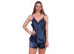 Pigiama Corto Da Donna In Raso Con Pizzo; Blu Scuro/S