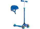 Globber Primo Plus Lights - Monopattino E Casco Per Bambini, 120/80 Mm, 3 Ruote, Regolabile In Altezza, Ruote Illuminate A Led, Blu