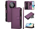 Custodia Per Honor X9D/Honor X70, Con Cerniera, Portafoglio, Custodia Flip In Finto Cuoio Con Tasche Per Carte, Supporto E Passante Per Mano Viola