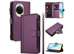 Custodia Per Huawei Nova 14, Con Cerniera, Portafoglio In Finto Cuoio Con Tasche Per Carte, Supporto E Passante Per La Mano Viola
