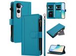 Custodia Per Vivo Y400 Pro, Con Cerniera, Portafoglio Custodia Flip In Finto Cuoio Con Tasche Per Carte, Supporto E Passante Per Mani Lake Blu