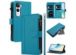 Custodia Per Vivo Y400 5G/Y400 4G, Con Cerniera, Portafoglio Custodia Flip In Finto Cuoio Con Tasche Per Carte, Supporto E Passante Per Mano Lake Blu