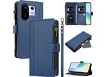Custodia Per Vivo S30 Pro Mini/Vivo X200 Fe, Con Cerniera, Portafoglio Custodia Flip In Finto Cuoio Con Tasche Per Carte, Supporto E Passante Per Mani Blu