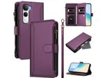 Custodia Per Vivo Y400 5G/Y400 4G, Con Cerniera, Portafoglio Custodia Flip In Finto Cuoio Con Tasche Per Carte, Supporto E Passante Per Mano Viola