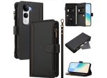 Custodia Per Vivo Y400 Pro, Con Cerniera, Portafoglio In Finto Cuoio Con Tasche Per Carte, Supporto E Passante Per La Mano Nero