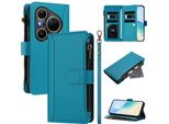 Custodia Per Huawei Pura 80 Ultra, Con Cerniera, Portafoglio In Finto Cuoio Con Tasche Per Carte, Supporto E Passante Per La Mano Lake Blu