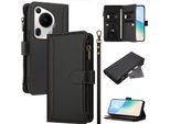 Custodia Per Huawei Pura 70 Ultra, Con Cerniera, Portafoglio In Finto Cuoio Con Tasche Per Carte, Supporto E Passante Per La Mano Nero