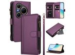 Custodia Per Huawei Pura 80 Ultra, Con Cerniera, Portafoglio In Finto Cuoio Con Tasche Per Carte, Supporto E Passante Per Mano Viola