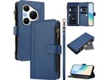 Custodia Per Huawei Pura 80 Pro/Pura 80 Pro+, Con Cerniera, Portafoglio, Custodia Flip In Finto Cuoio Con Tasche Per Carte, Supporto E Passante Blu