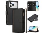 Custodia Per Tecno Spark 40, Con Cerniera, Portafoglio Custodia Flip In Finto Cuoio Con Tasche Per Carte, Supporto E Passante Per Mano Nero