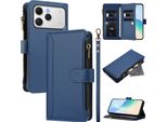 Custodia Per Tecno Spark 40, Con Cerniera, Portafoglio Custodia Flip In Finto Cuoio Con Tasche Per Carte, Supporto E Passante Per Mano Blu