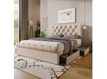 Flieks Letto Imbottito 140X200 Cm Con Rete A Doghe, Letto Matrimoniale 140X200 Cm Con 4 Cassetti E Testata Regolabile, Letto Contenitore Per Ragazzi