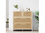 Cassettiera Fortuna Lai, Credenza Con 4 Cassetti E Maniglie In Legno Massiccio Rattan - Adatta Per Camera Da Letto, Soggiorno, Sala Da Pranzo, Corridoio, Bianco, L80/H80/D38 Cm