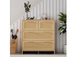 Cassettiera Fortuna Lai, Credenza Con 4 Cassetti E Maniglie In Legno Massiccio Rattan - Adatta Per Camera Da Letto, Soggiorno, Sala Da Pranzo, Corridoio, Rovere, L80/H80/D38 Cm