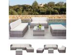 Set In Poly-Rattan HWC-D24, Divano Da Giardino/Lounge ~ Grigio, Rivestimento Crema