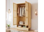 Merax Armadio A 2 Ante Con Asta Appendiabiti E Scomparto Ribaltabile, Design Pe Rattan, Naturale, 90X45X183 Cm, Per Camera Da Letto E Soggiorno