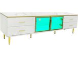 Fortuna Lai Mobile Tv Basso Effetto Marmo, 4 Cassetti Con Maniglie Dorate, 2 Ante In Vetro Temperato, Bianco + Oro