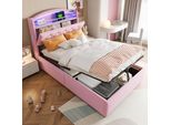 Letto Imbottito Per Bambini 90X200, Letto Singolo In Velluto Letto Multifunzionale Con Contenitore Con Led E Usb Rosa