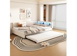 Merax Daybed Daybed 140X200 Cm, Con Letto Estraibile 90X190 Cm, Letto Per Ospiti Con Led, Usb+Tipo C, Divano Letto, Letto Imbottito In Lino, Beige