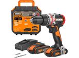Trapano A Percussione A Batteria Worx Nitro 20V 60Nm WX354, Motore Brushless, Inclusa Valigetta, 2 Batterie Da 2Ah E Caricabatterie