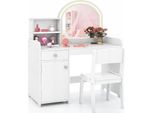 Costway Set Da Toeletta Per Bambini 2 In 1, Toeletta Con Sgabello, Luci Led, Specchio, Armadietto E Cassetto, Tavolo Da Trucco Per Bambine In Legno Per Bambini Dai 3 Anni, Bianco