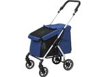 Passeggino Per Cani Leggero In Alluminio Pieghevole Per Cani E Gatti Fino A 10 Kg Passeggino Per Gatti Con Cuscini Finestre A Rete Porte Cesto Portaoggetti Passeggino Per Gatti Blu Scuro Aosom