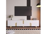 Mobile Tv Sweiko Bianco 180 Cm, 4 Ante, Design Elegante, Superficie Effetto Marmo, Piedini Sferici In Legno