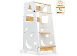 Fch Torre Di Apprendimento Per Bambini, Torre Di Apprendimento Montessori, Sgabello Per Bambini, Pezzo Unico, 40×45×90 Cm, Legno Di Abete Rosso + Mdf, Motivo Di Luna E Stelle, Bianco
