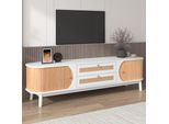 Mobile Tv Sweiko - Legno Naturale Misto Con Ante E Cassetti, Mobile Tv Con Fianchi In Rattan