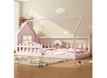 Letto Per Bambini Flieks 90X200Cm Con Rete A Doghe, Letto Singolo A Terra Con Protezione Anticaduta, Letto In Legno Per La Cameretta Dei Bambini, Rosa