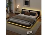 Letto Imbottito Flieks 160X200Cm Con Led, Letto Matrimoniale Letto Giovanile Con Rete A Doghe, Letto Classico Letto In Legno Letto Galleggiante Letto Da Terra, Pu, Nero