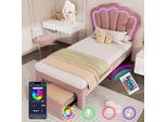 Letto Per Bambini Sweiko Led Letto Singolo 90 X 200 Cm Con Cassetti Letto Imbottito App-Control Led Struttura Letto A Doghe E Testata Regolabile, Struttura Letto Per Giovani Letto In Velluto Rosa