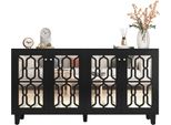 Credenza Fortuna Lai, Con 4 Ante A Specchio, Laminato Mobile, Maniglie In Cristallo Freddo, Nero