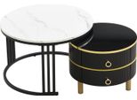 Tavolino Fortuna Lai 2 In 1, Rotondo, Mdf, Tavolino Con Piano In Marmo Bianco, 2 Cassetti, Nero