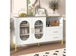 Credenza Moderna In Bianco Con Accenti Dorati, 2 Cassetti E 2 Ante In Vetro