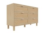Credenza In Legno Naturale Con 6 Cassetti In Look Rattan, Ampio Spazio Di Archiviazione