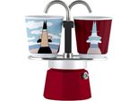 Bialetti Mini Express Magritte, Set Moka 2 Tazze (80 Ml) + 2 Bicchieri, Rosso, Alluminio