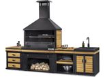Elegante Cucina Da Esterno In Nero E Marrone In Legno E Acciaio Inossidabile