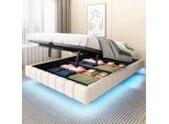 Letto Galleggiante Imbottito Merax 140X200Cm Con Led, Letto Matrimoniale Con Contenitore Idraulico, Robusta Struttura In Metallo, Senza Testata, Tessuto Di Lino Beige