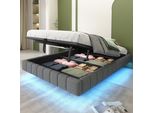 Letto Galleggiante Imbottito Merax 140X200Cm Con Led, Letto Matrimoniale Con Contenitore Idraulico, Robusta Struttura In Metallo, Senza Testata, Tessuto Di Lino Grigio