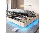 Letto Galleggiante Imbottito Merax 160X200Cm Con Led, Letto Matrimoniale Con Contenitore Idraulico, Robusta Struttura In Metallo, Senza Testata, Tessuto Di Lino Beige