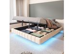 Letto Imbottito Galleggiante Merax 180X200Cm Con Led, Letto Matrimoniale Con Contenitore Idraulico, Robusta Struttura In Metallo, Senza Testata, Tessuto Di Lino Beige