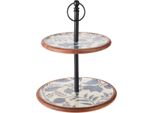 H&S Decoration | Etagere - Piatto Da Portata - Rotondo 30 X 30 X 43 Cm - Motivo Floreale - Portavivande - 2 Livelli - Legno Di Mango100%