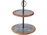 H&S Decoration | Portavivande - Etagere - Rotondo 30 X 30 X 43 Cm - Motivo Floreale - Piatto Da Portata - 2 Livelli - Legno Di Mango100%