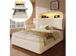 Letto Imbottito Idraulico Flieks 90X200Cm Con Led, Letto Contenitore Letto Singolo Con Funzione Cassetto, Letto Per Ragazzi Con Testata Regolabile In Altezza, Velluto, Beige