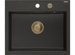 Mexen Oscar Lavello In Granito A 1 Vasca 580 X 490 Mm, Nero/Oro Metallizzato, Sifone Dorato - 6519581000-75-G
