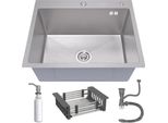 Anw Home Lavello Inox 60X50 Con Sifone, Scolapiatti E Dispenser Sapone 350 Ml, Lavello Da Cucina In Acciaio Inox 304 Con 2 Fori Per Rubinetti