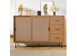 Credenza 140 Cm Naturale, Cassettiera Con Ante Scorrevoli In Rattan