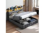 Letto Imbottito Proximax 140X200 Cm Con Illuminazione A Led E Connessione Usb - Letto Con Molle A Gas E Ampio Spazio Di Archiviazione - Design Moderno, Tessuto Grigio, Letto Con Rete A Doghe