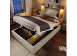 Letto Imbottito Idraulico Flieks 90X200Cm Con Testata Contenitore, Letto Singolo Letto Per Ragazzi Con Led, Letto Contenitore Letto In Legno Con Usb E Type-C, Lino, Beige